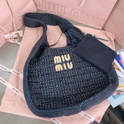miu miu Raffia-effect woven hobo bag